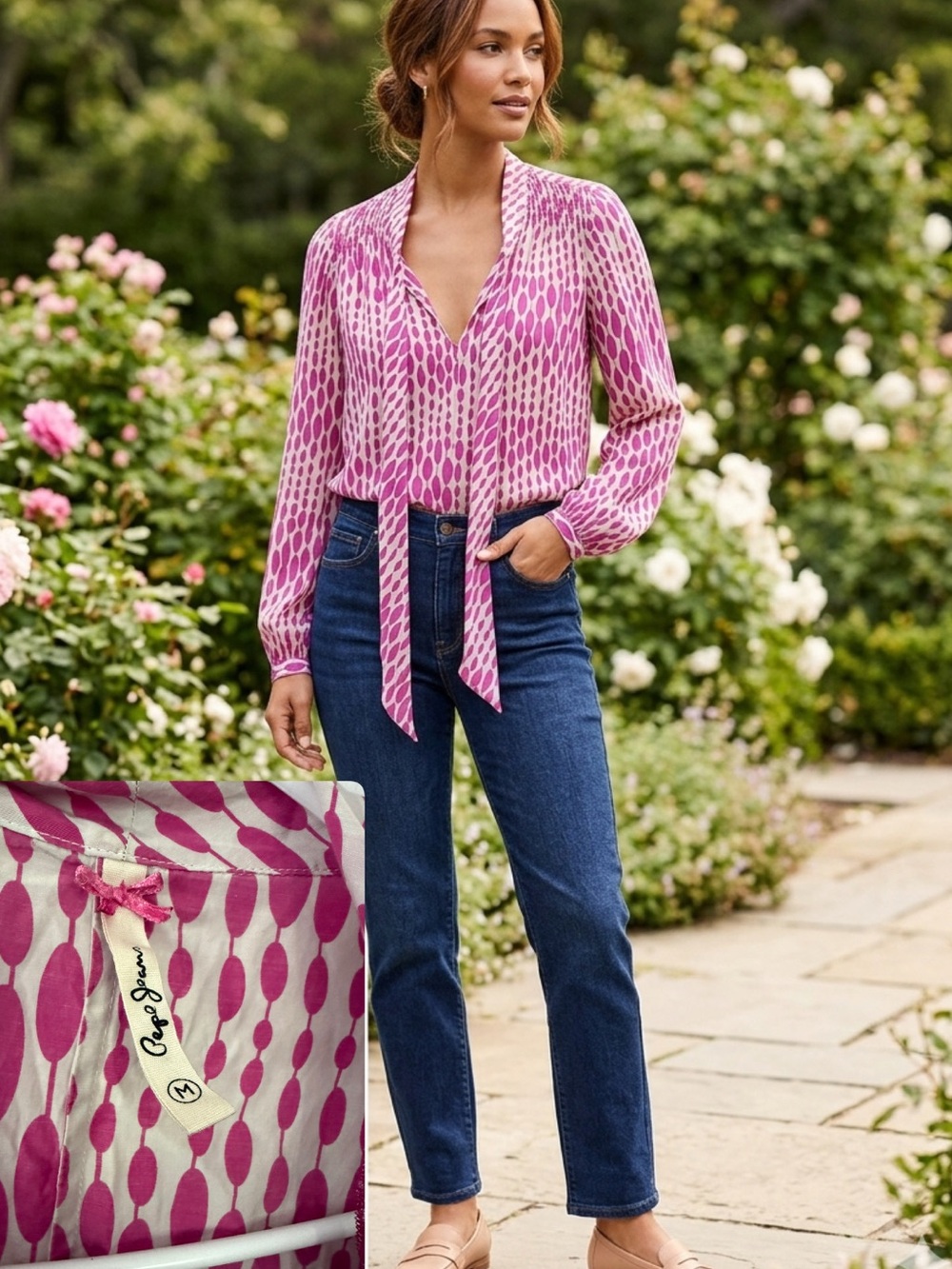 Pepe Jeans Pink Patterned Tie-Neck Blouse